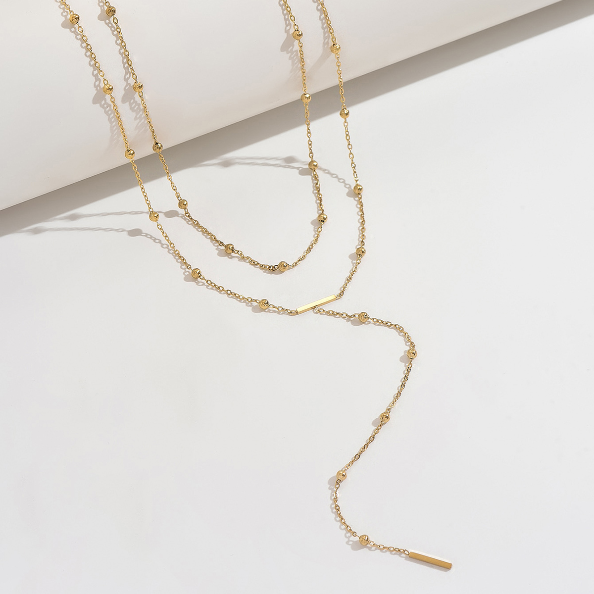 14K Real Gold Plated Vacuum Electroplating (In Furnace) Simple 304 Stainless Steel Y-shaped Small Round Ball Necklace Double Layer Stacked Tassel Round Cable Chain/Cross Chain/O-shaped Chain