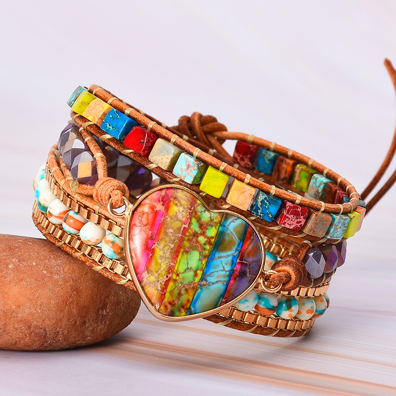 Romantic 7-Color Emperor Stone Leather Wrapped Bracelet Mixed Stones Heart Shape 3-Way Wound Classic Bohemian Style Jewelry