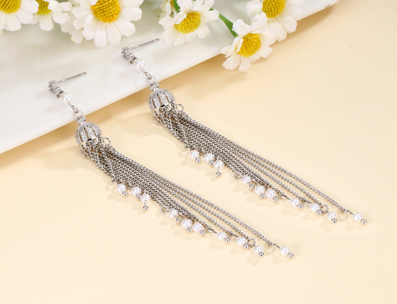 Long Tassel Pearl Crown Earrings Women's Accessories Multi-functional Copper Material Rose Gold Plated Minimalist
