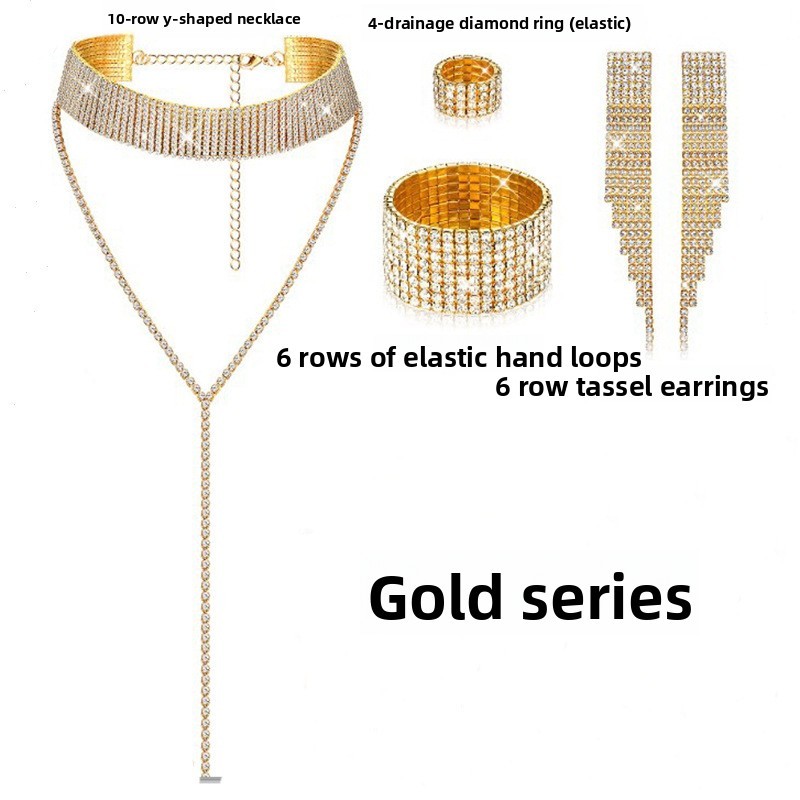 Full Diamond Claw Chain Necklace Bracelet Ring Earrings Four-Piece Set Geometric Women's Jewelry Accessories