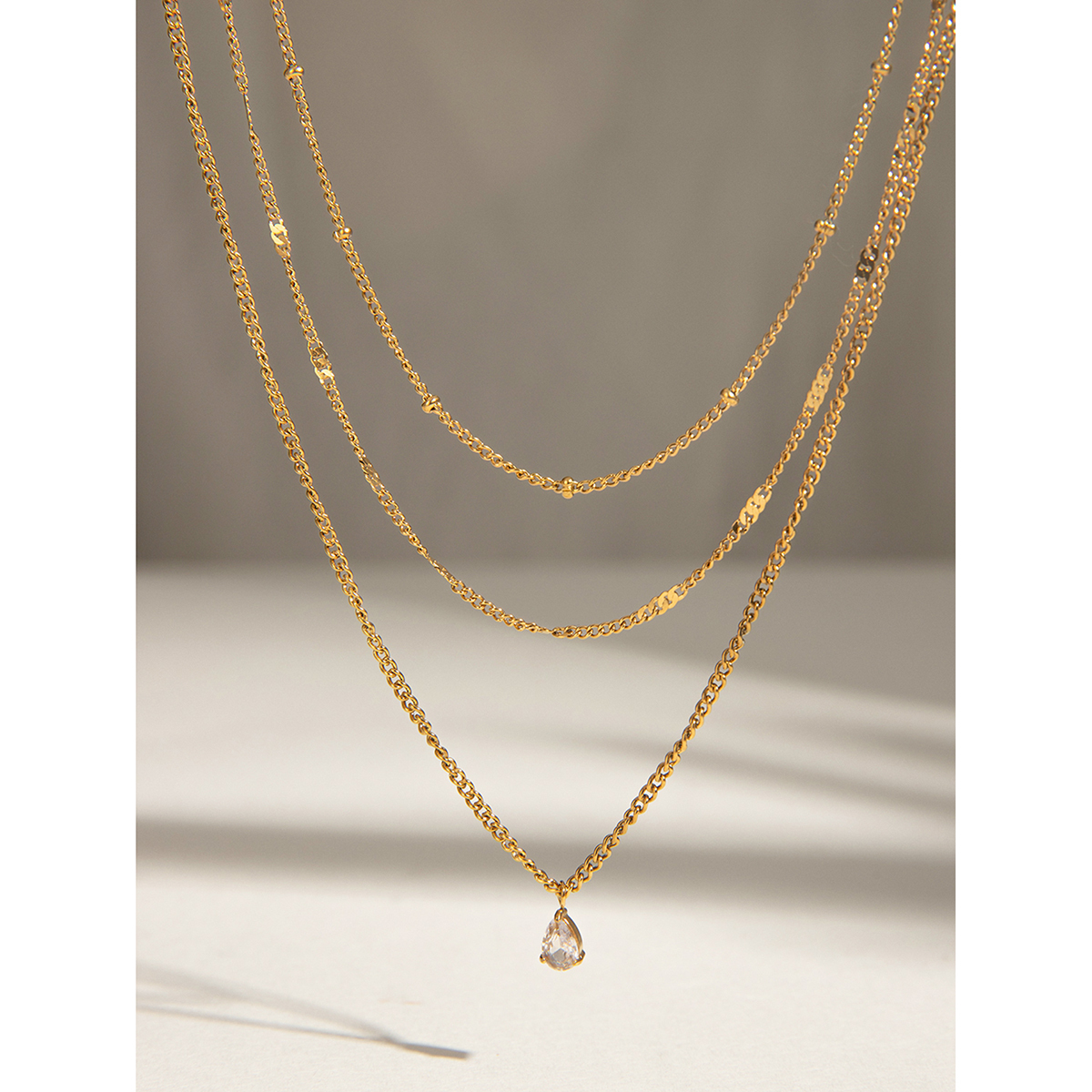 304 Stainless Steel Geometric PVD Coated 18K Real Gold Plated Simple Style Classic Style Cable Chain Three Layer Necklace