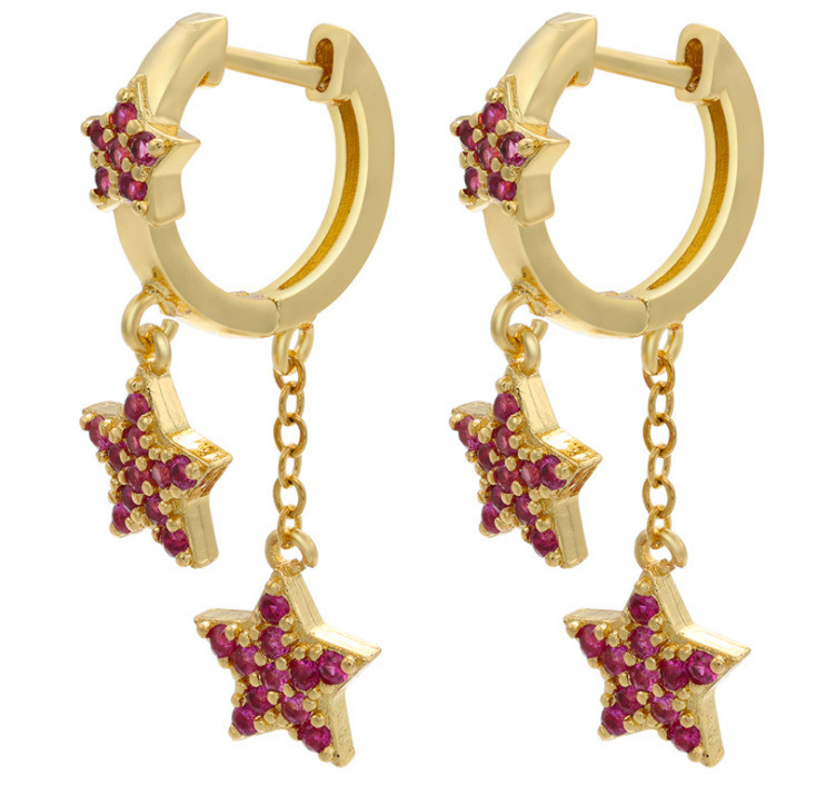New Micro-inlaid Star Earrings Long Five-pointed Star Tassel Earrings Colored Copper Zircon Jewelry Accessories