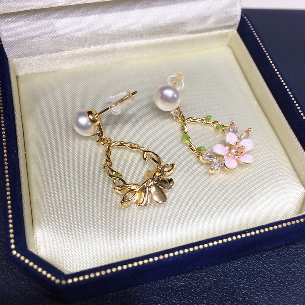 Natural Freshwater Pearl Earrings Women's Elegant Pink Flower Zirconia Studs Wedding Jewelry Fashionable Pearl Accessories