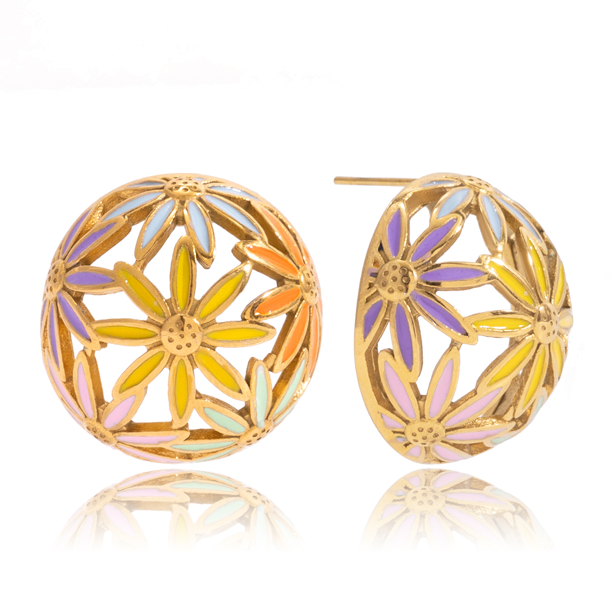 Women's Style - Sweet Style / 18K Gold Stainless Steel + Oil Drop / Colorful Oil Drop Hollow Ball Flower Earrings Pair