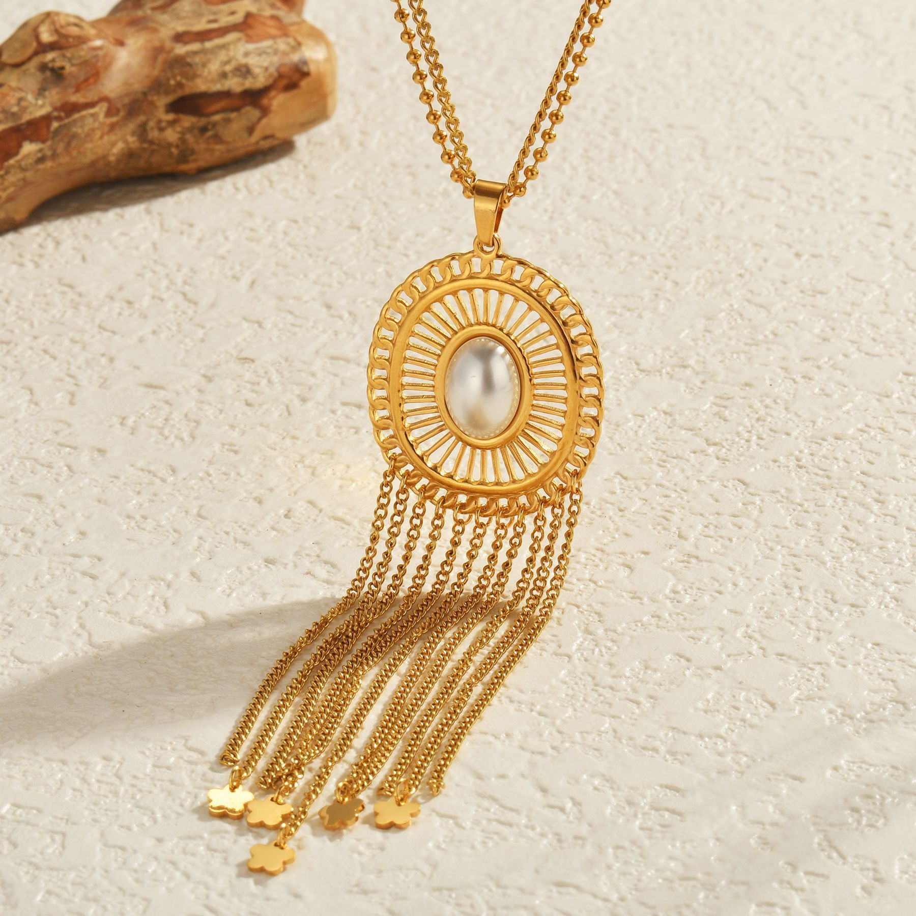 Bohemian Stainless Steel 18K Gold Plated Tassel Sweater Chain Necklace Trendy Women's Geometric Jewelry Accessories