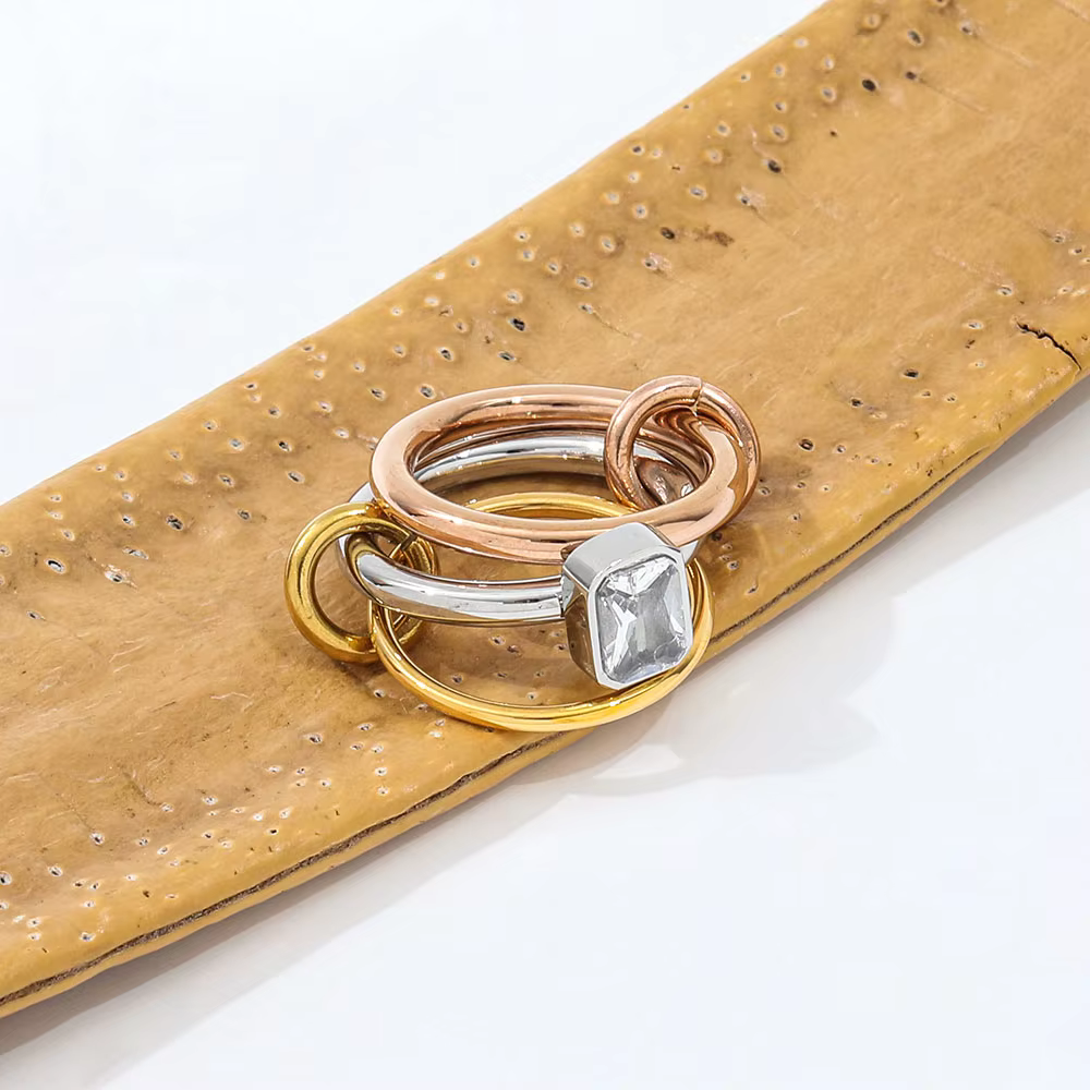 Fashionable Three-Color Three-Ring Zircon 304 Stainless Steel 18K Gold Plated Geometric Vacuum Electroplated Waterproof Non-Fading Ring