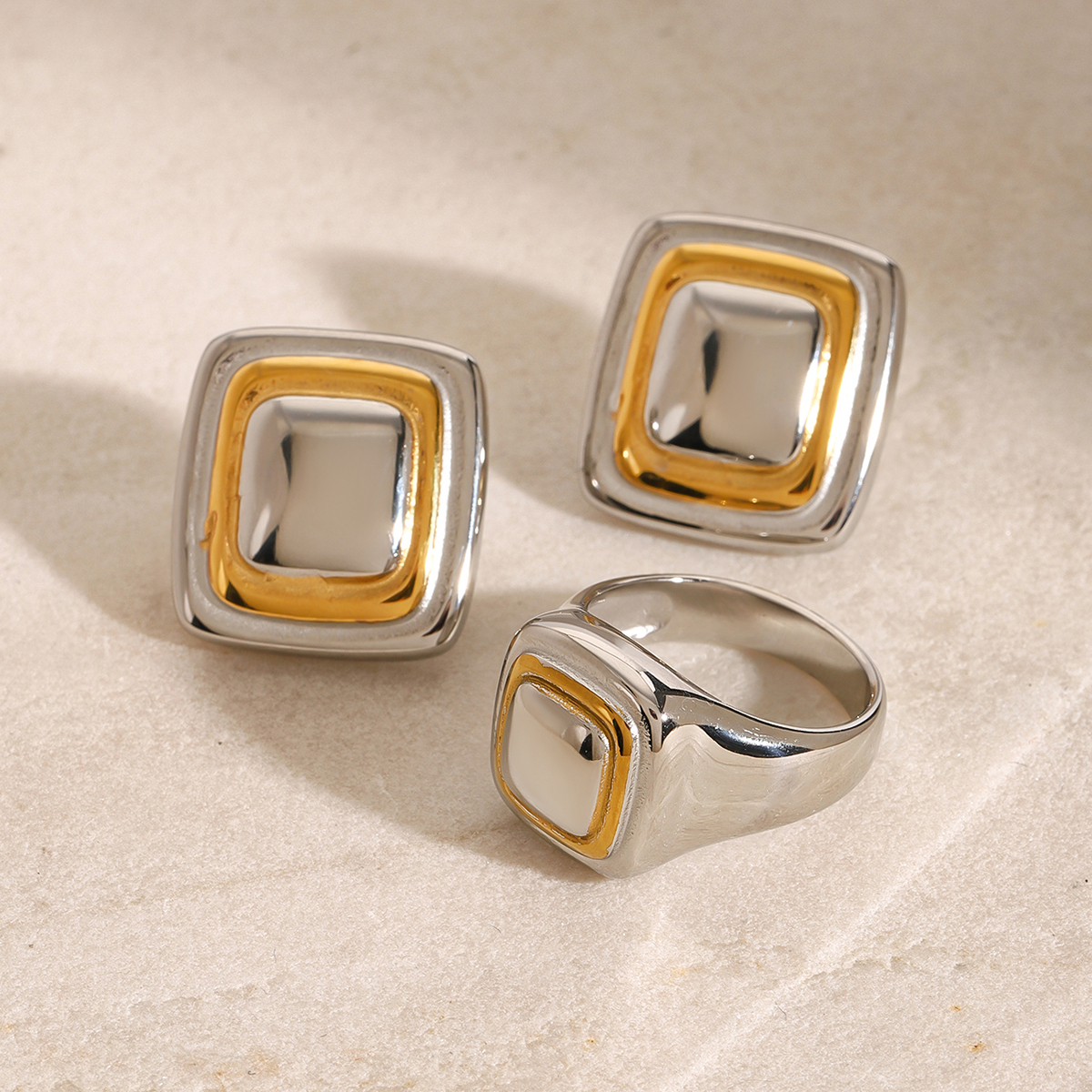 304 Stainless Steel Square PVD Coated 18K Real Gold Plated Vintage Style Classic Style Mixed Metal Rings Earrings