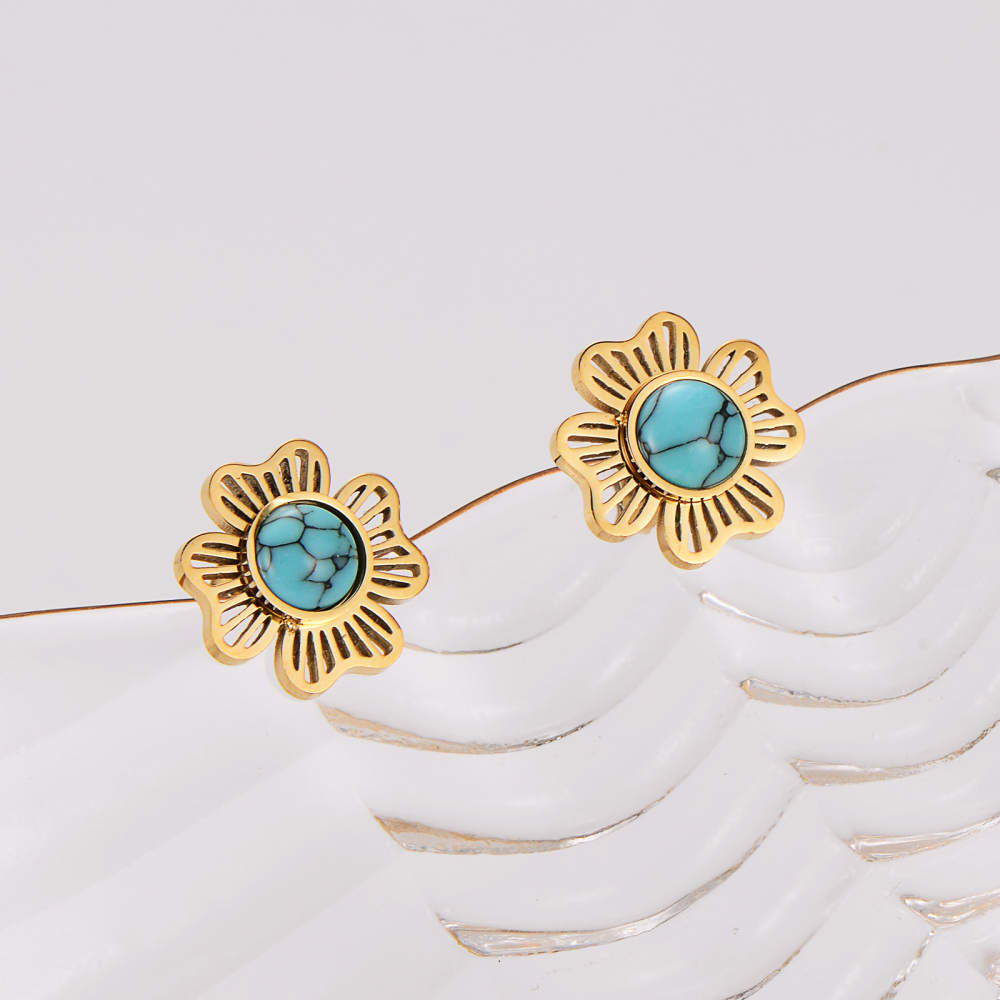 AML Retro Niche Diamond-Studded Ethnic Style Stainless Steel Flower Turquoise Necklace And Earring Set For Women, Light Luxury Elegant Versatile Accessories