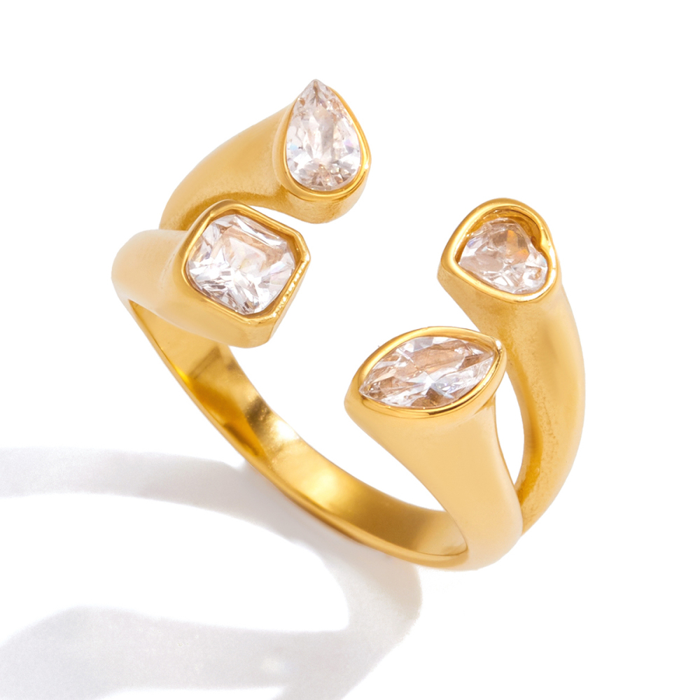 Women's Classic Style 18K Gold Stainless Steel + Zircon White Heart Water Drop Round Marquise Zircon Asymmetric Double Layer Open Ring Size 7