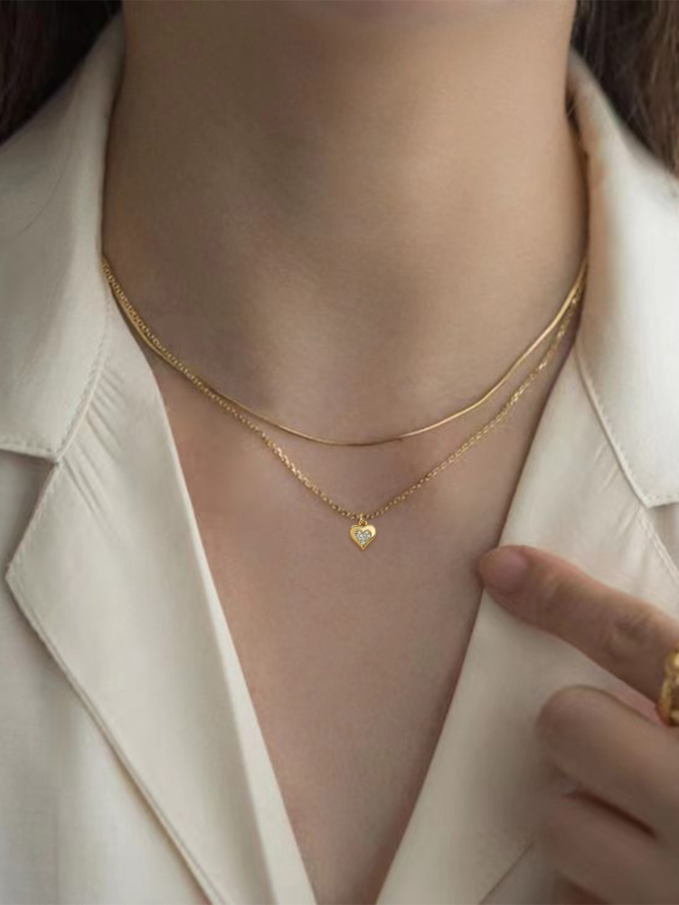 Fashion Layered Accessories: 18K Gold Plated Copper Heart-Shaped Hollow Pendant Necklace And Checkered Paperclip Set, Shiny Cubic Zirconia, Essential For Women