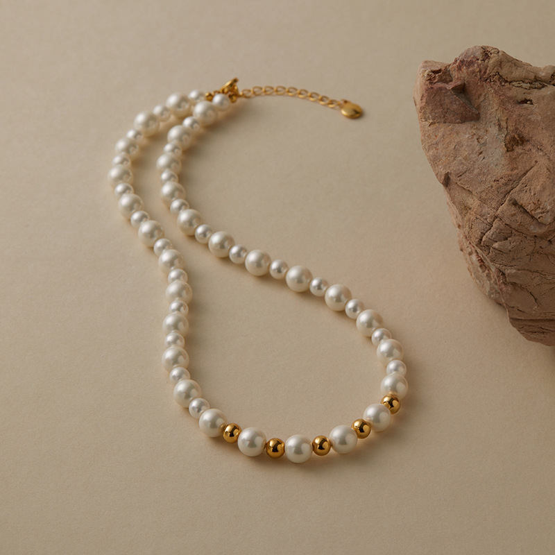 Handmade Pearl Shell Bead Necklace Vintage Versatile Elegant Women's Geometric Pattern Copper Jewelry Accessories Necklace