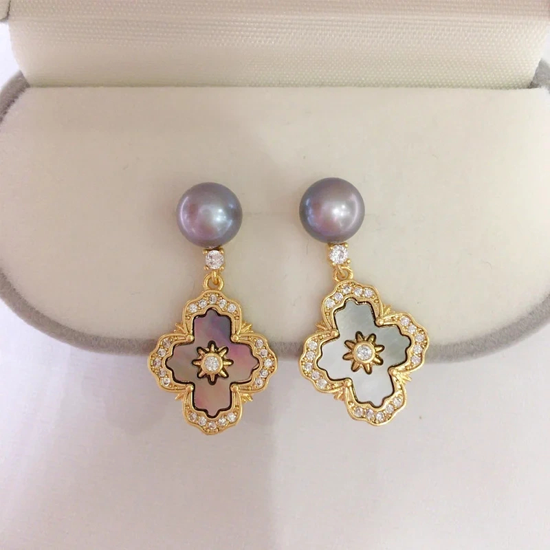 Natural Fresh Water Pearl Earrings Women's French Royal Style Cross Pearl Stud Earrings Natural Sea Shell Fritillary Inlaid