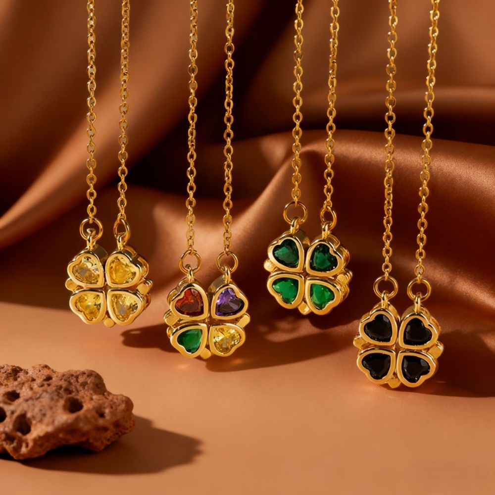 Stainless Steel Necklace Ladies Foldable Four-leaf Clover Colorful Zircon Heart-shaped Jewelry Accessories