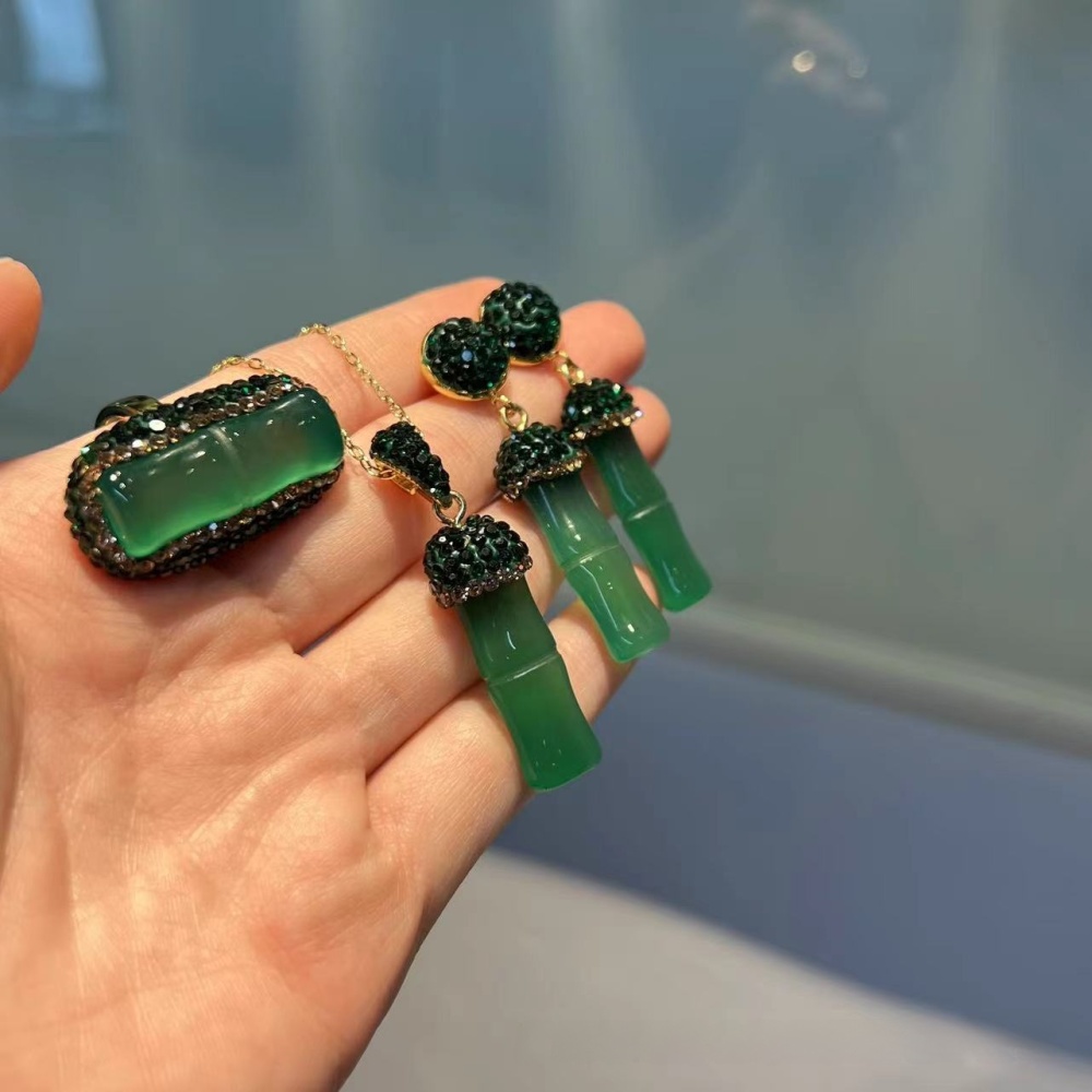 Handmade Natural Agate Bamboo Lucky Three-Piece Set Ethnic Style Czech Crystal Induction Wearing Accessories Luxury Copper