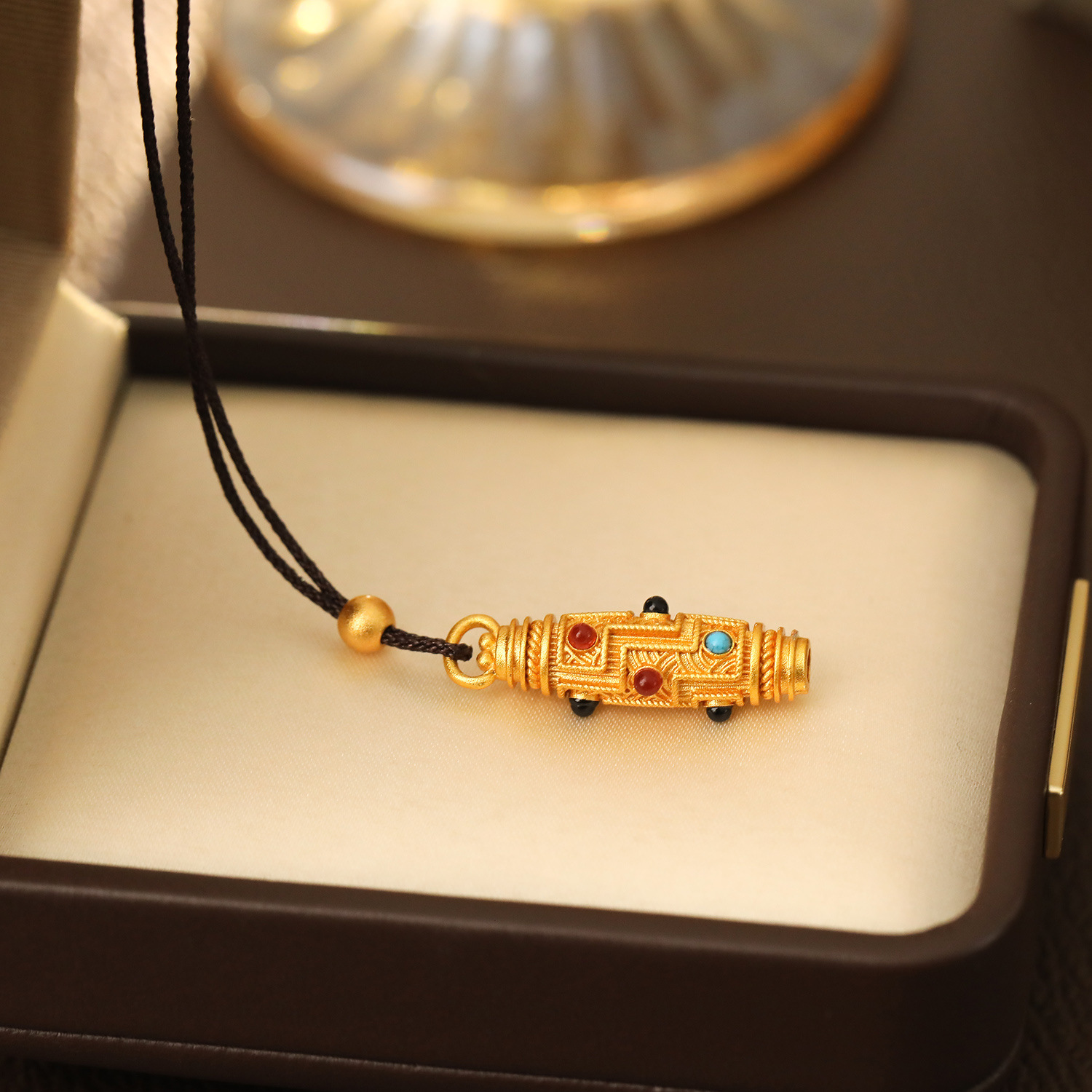 Geometric Pattern Sand Gold Enamel Nine-Eyed Tianzhu Pendant Through Hole DIY Accessories Necklace Sweater Chain Tibetan Transmission Vintage Cultural Goods Jewelry
