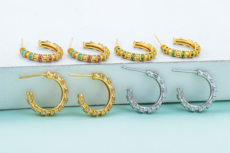 Korean Color Zircon Earrings Copper-plated  C-shaped Earrings