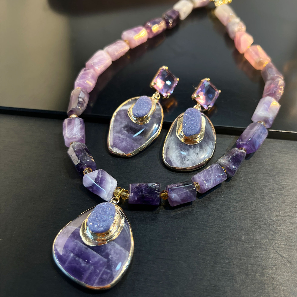 Natural Amethyst Raw Stone Necklace Earrings Set Vintage Fashion Teeth Ring Women Pearl Inlaid Jewelry Accessories