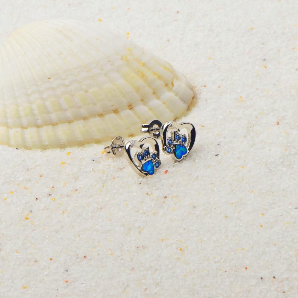 Adorable Girl's Dog Paw Opal Earrings Bohemian Floral Print Simple Style Copper Jewelry Accessories Ear Rings