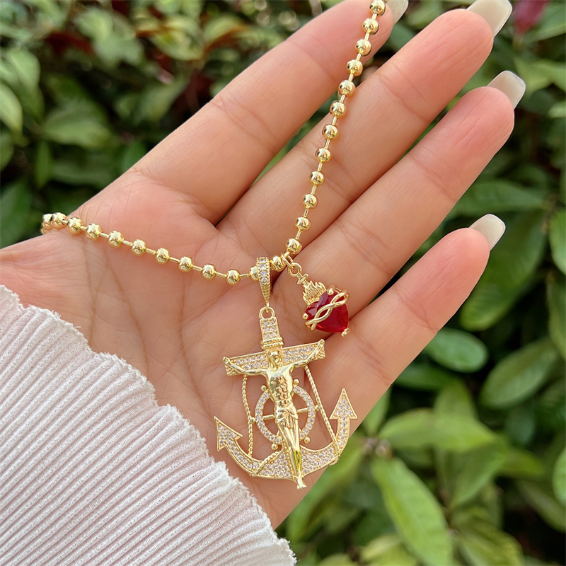 Wholesale Jewelry Retro Classic Style Cross Heart Shape Copper Zircon 18K Gold Plated Pendant Necklace