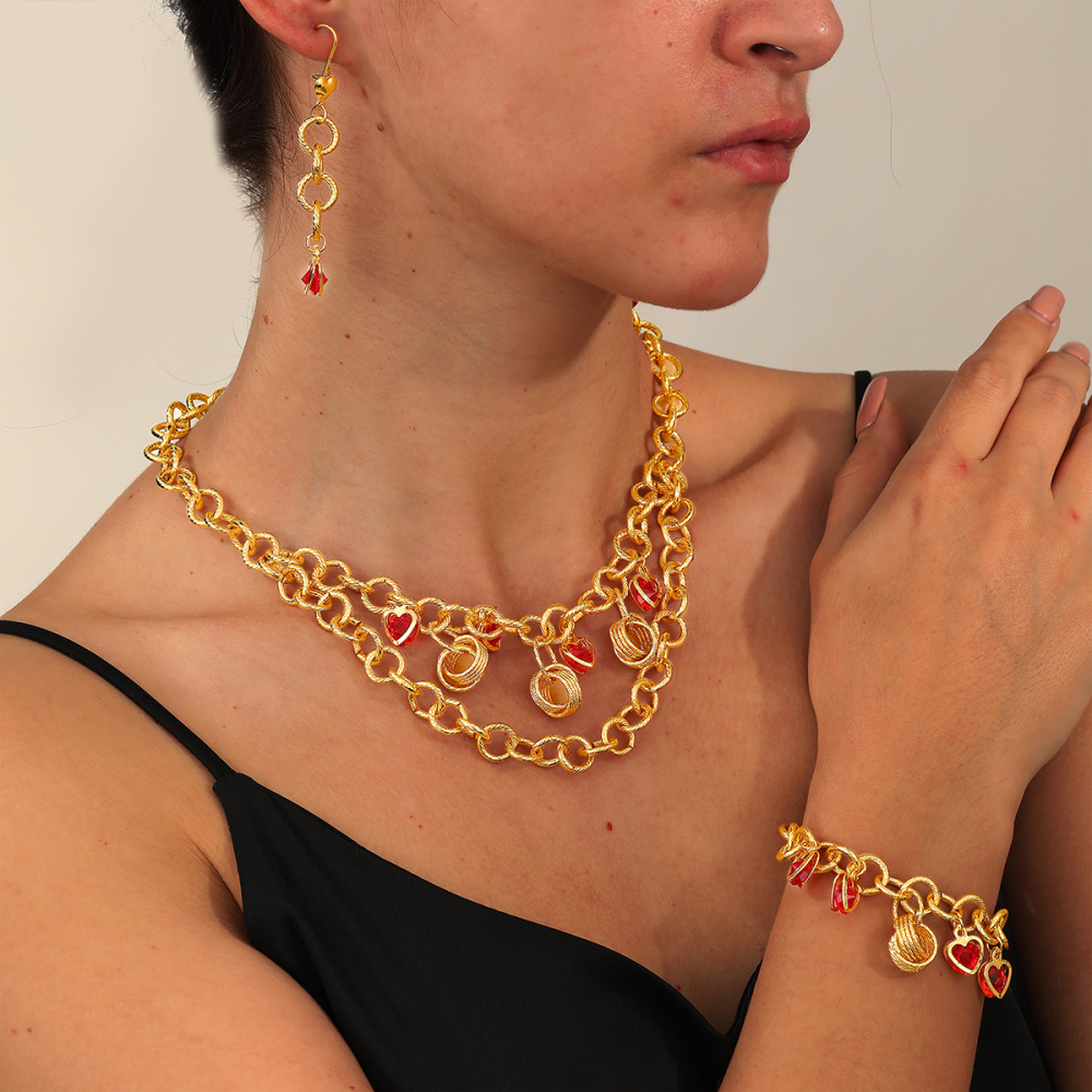 3-piece Set Copper Material Vintage Elegant Exquisite Red Women's Earrings Bracelet Pendant Wedding Banquet Jewelry Accessories