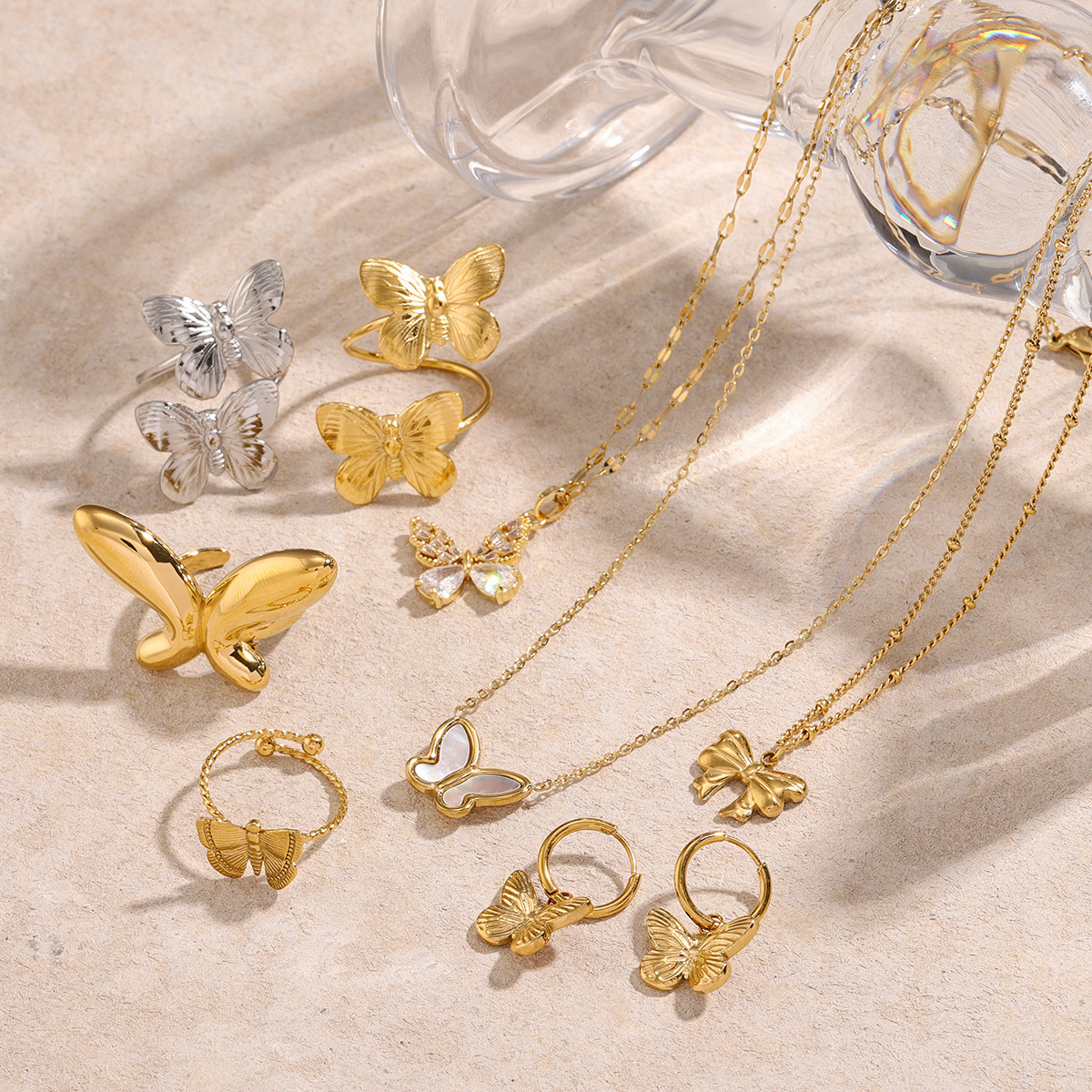 PVD Coated Real Gold Plated Butterfly 304 Stainless Steel Simple Style Classic Style Waterproof Non Tarnish Rings Earrings Necklace