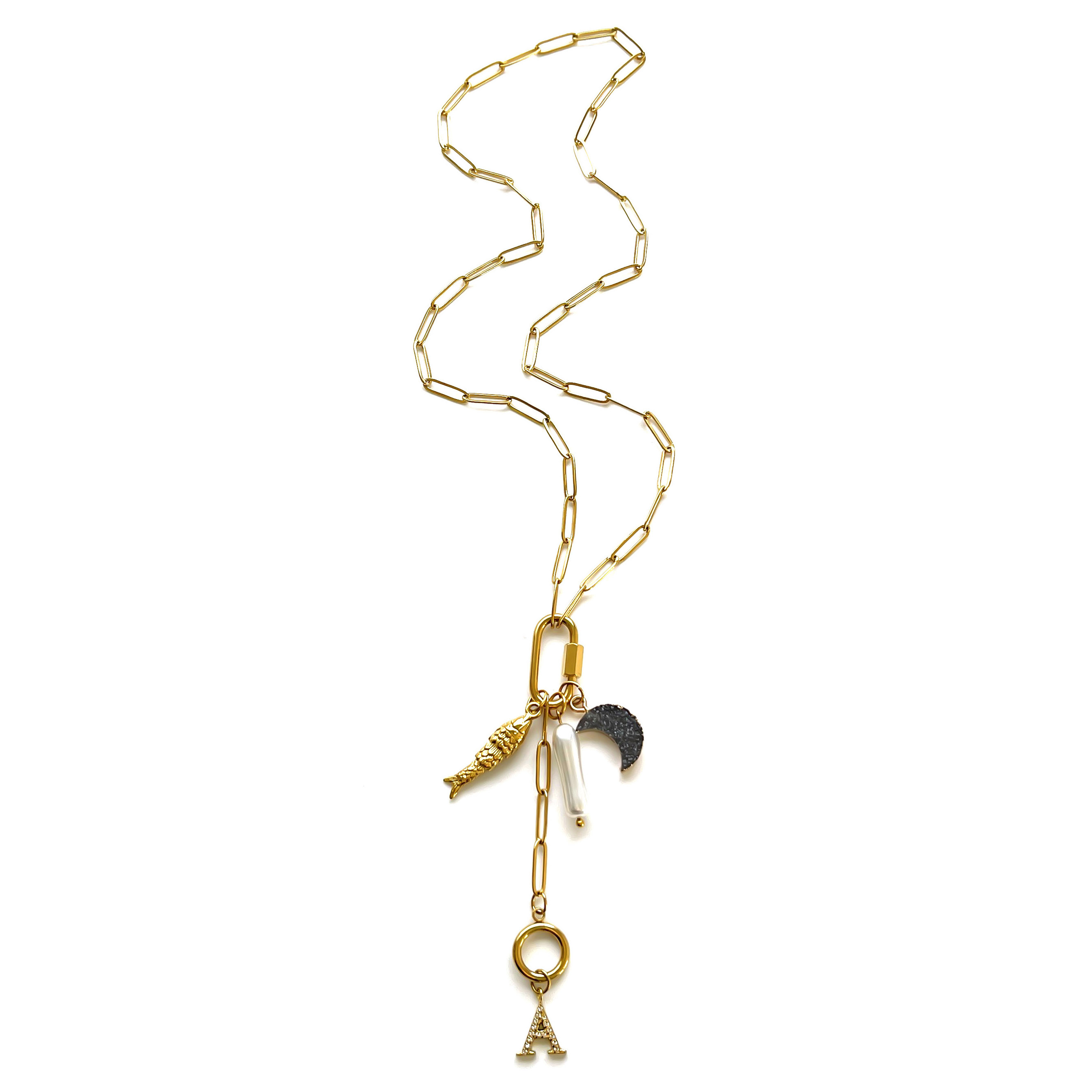 Women's 26 Letters 18K Gold Plated 304 Stainless Steel Vacuum Electroplated Waterproof Non-Fading Pearl Moon Fish Tassel Hypoallergenic Y-Chain Collarbone Chain Paperclip Chain Accessories Simple Style