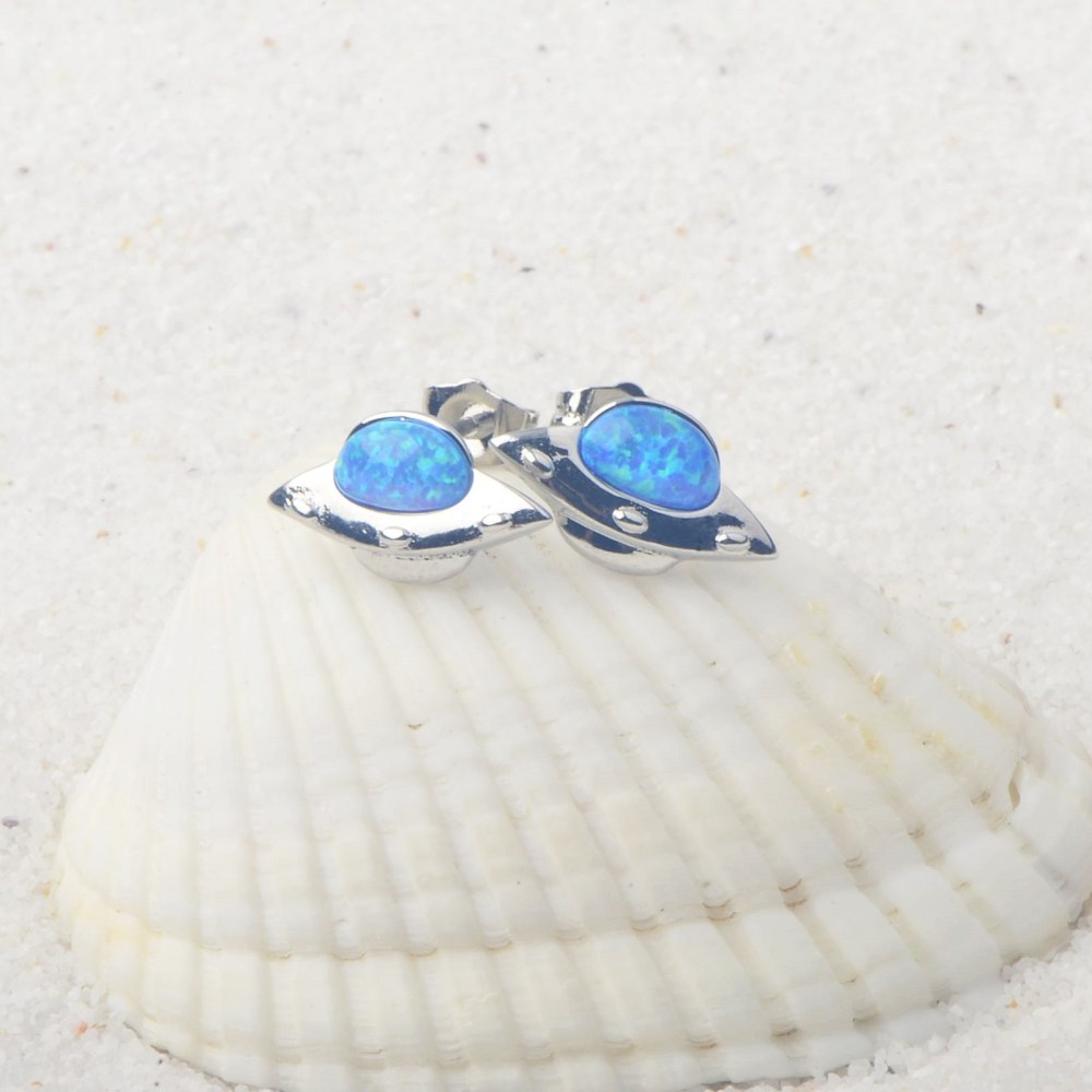 Adorable Girl's Earring Tiktok Hot Sale Flying Saucer Blue Opal Ear Studs Simple Geometric Pattern Copper Jewelry Accessories