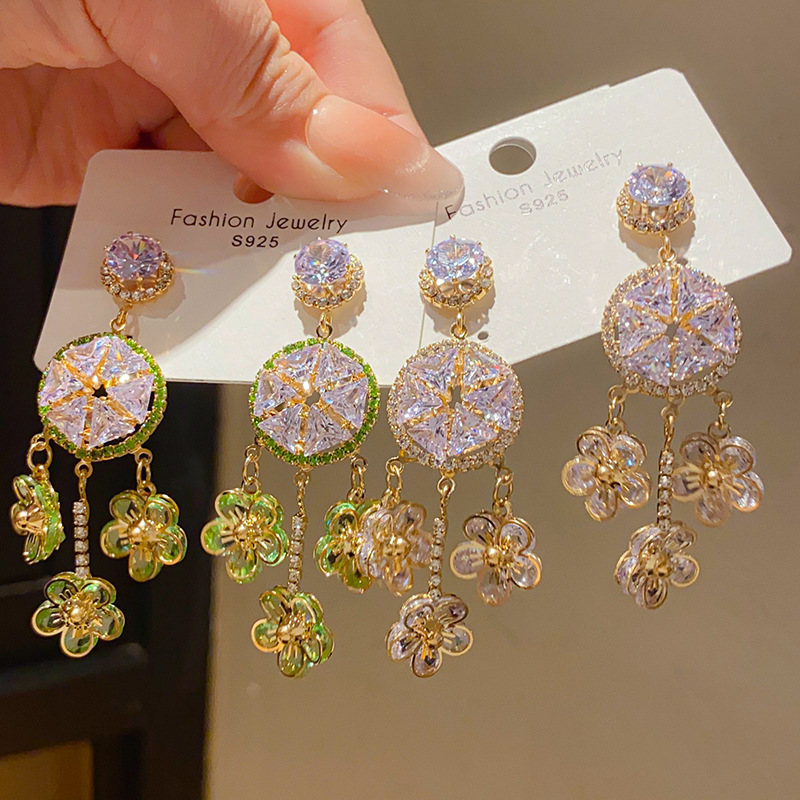 Fashionable French Vintage Silver Needle Zircon Flower Tassel Earrings Luxury Feelings Women's Jewelry Accessories