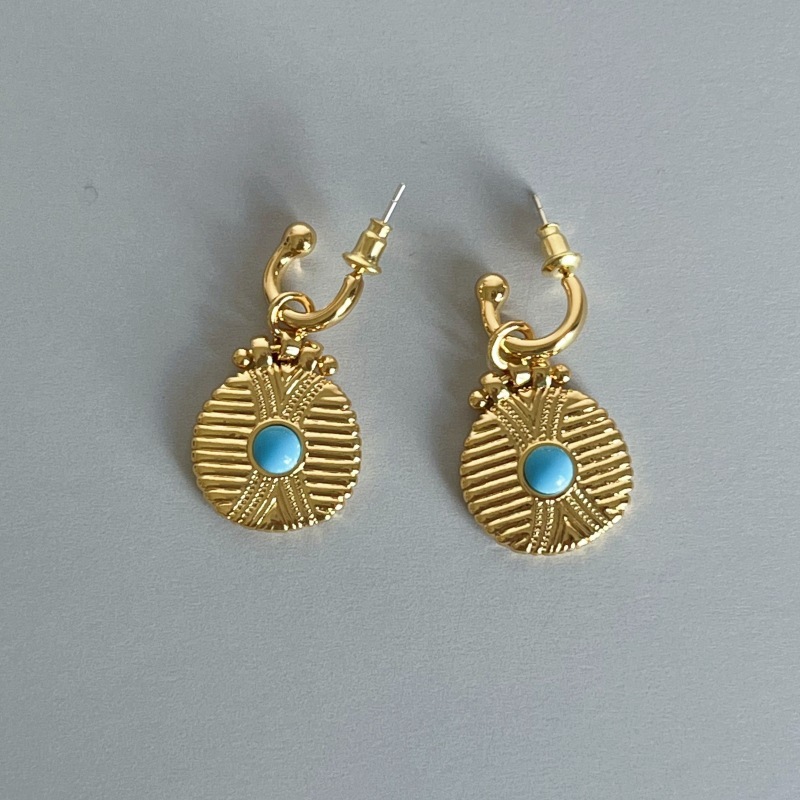 Retro Geometric Totem Green Turquoise Tiger Eye Gold Coin Earrings Women's High-End Feelings Ear Jewelry Fashion Accessories