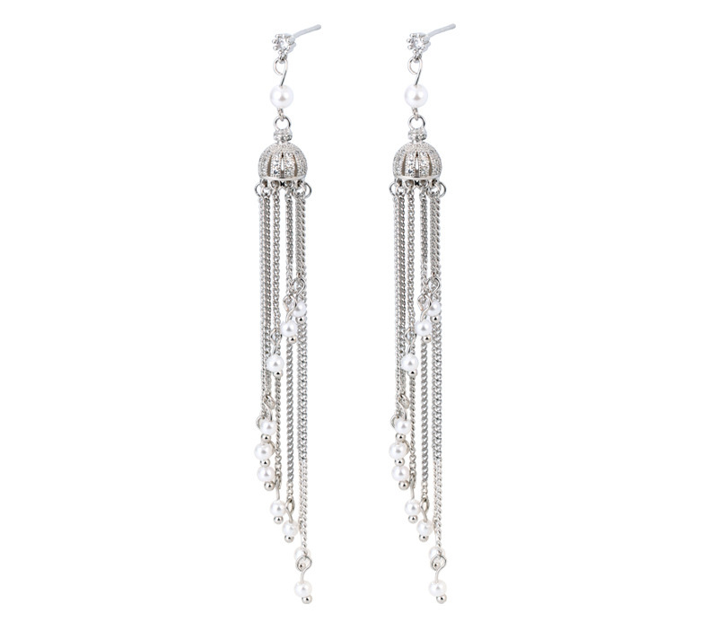 Long Tassel Pearl Crown Earrings Women's Accessories Multi-functional Copper Material Rose Gold Plated Minimalist