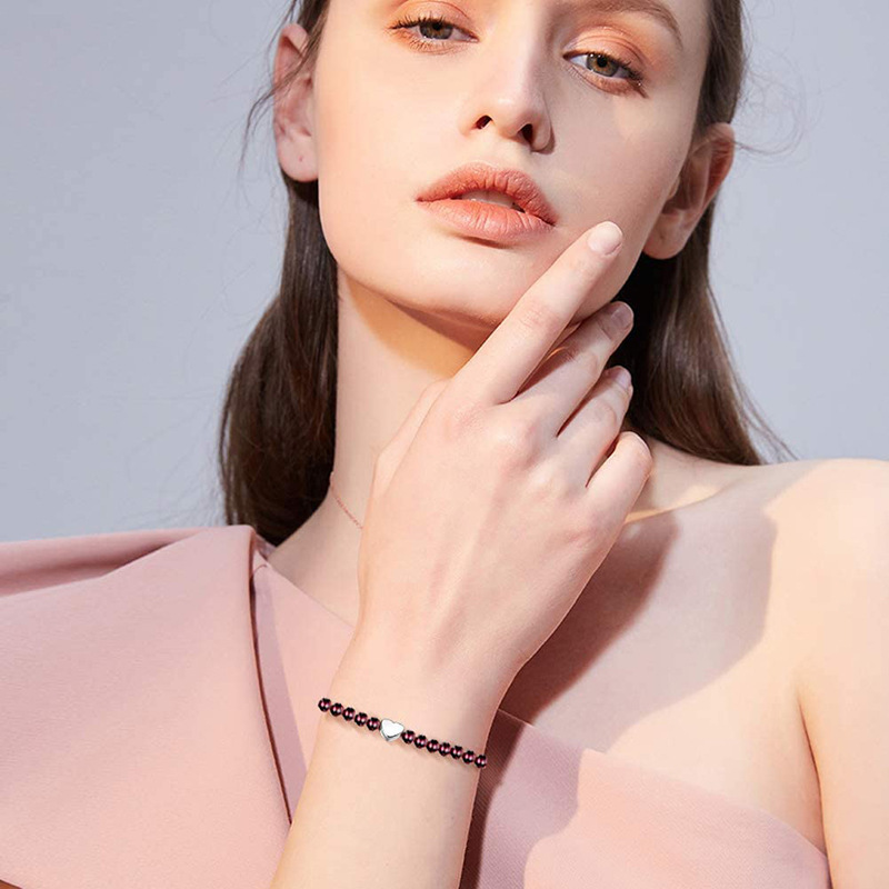 S925 Silver Heart Shaped Love DIY Bracelet Round Beads Jewelry Accessories Wine Red Agate Geometric Pattern Fashion Unisex