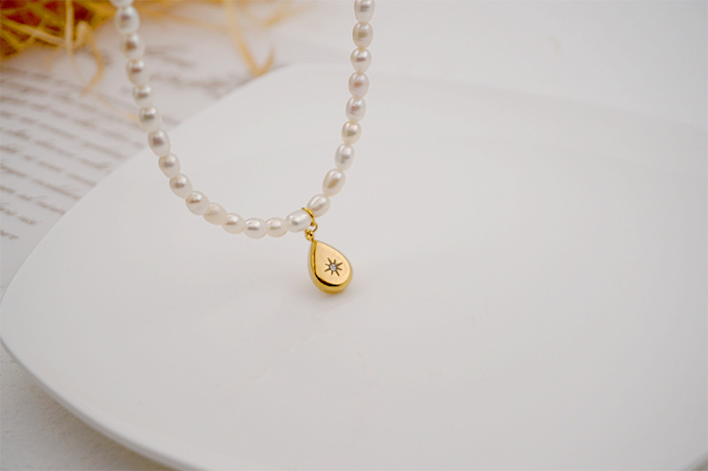 Gold Titanium Steel Water Drop Necklace Freshwater Pearl Retro Collarbone Chain Women's Jewelry Accessories