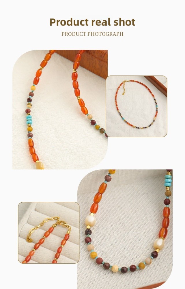 Natural Stone Agate Necklace Women's Hanfu Accessories New Chinese Style Sweater Chain Geometric Pattern Oval Shape Beads Design