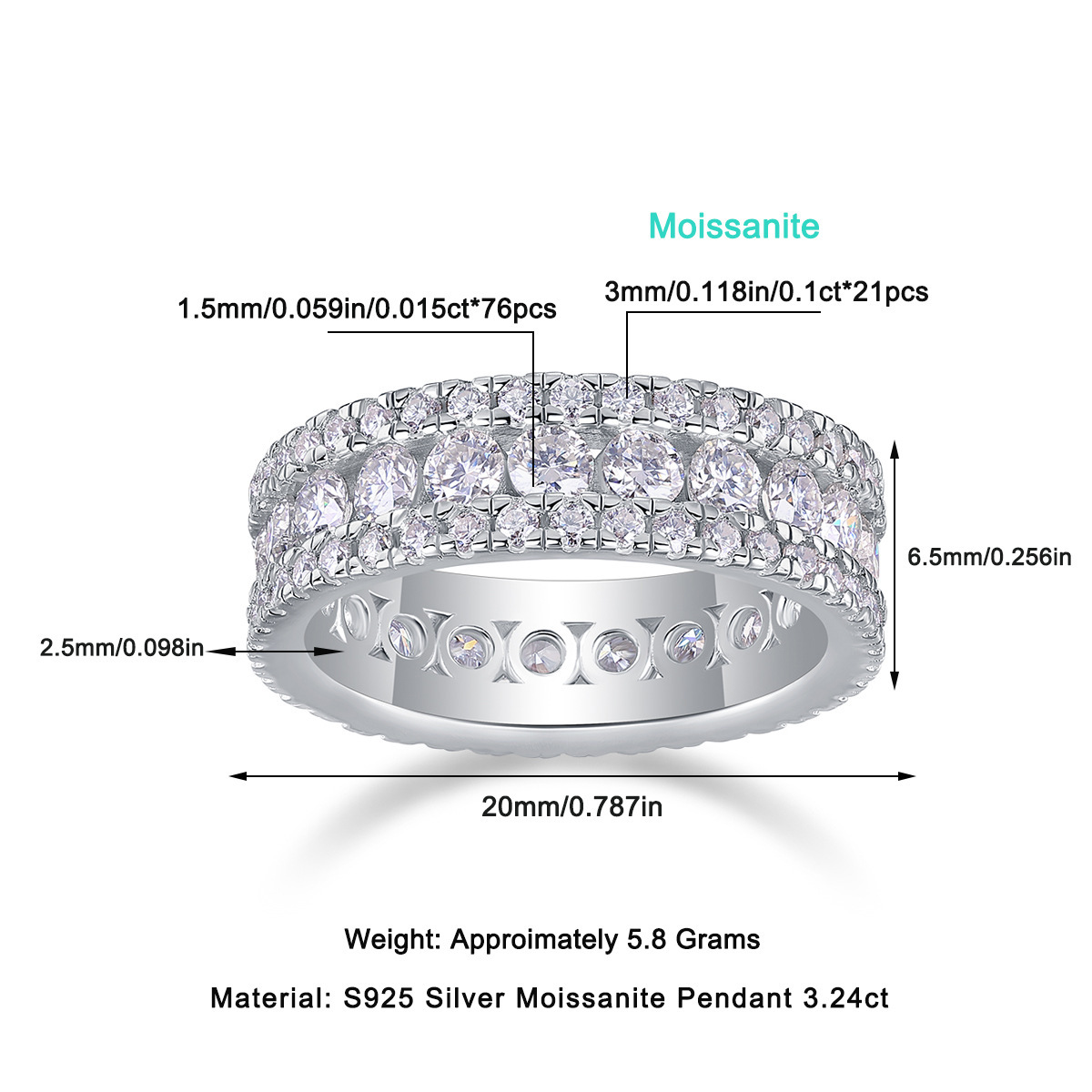 925 Sterling Silver Moissanite Geometric Rings GRA Certificate