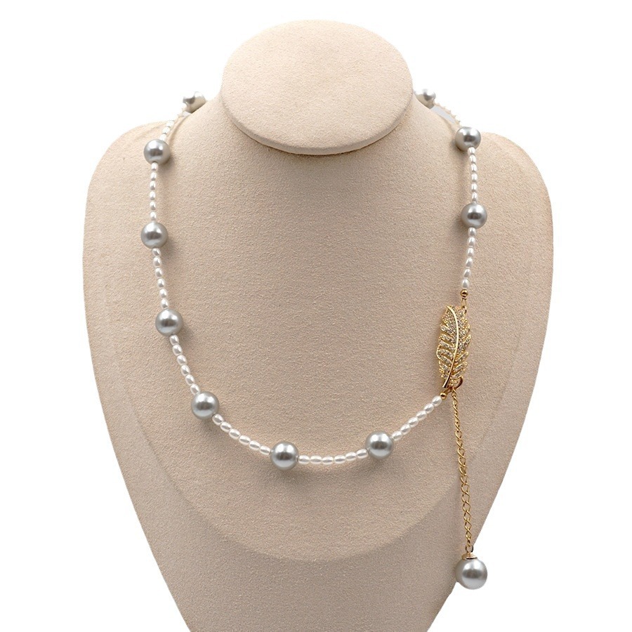 Grey Pearl Feather Y-Shape Sweater Chain Asymmetrical Multi-Ways Long Necklace Women's Fashion Accessories Handmade Craft