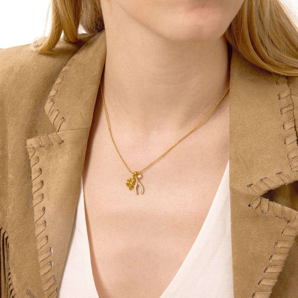 Women's Classic Style 18K Gold Stainless Steel + Zircon White Zircon Four-Leaf Clover + White Zircon Thanksgiving Lucky Wish Bone Y-shaped 3MM Round White Zircon Pendant Bead Chain Necklace 40+5