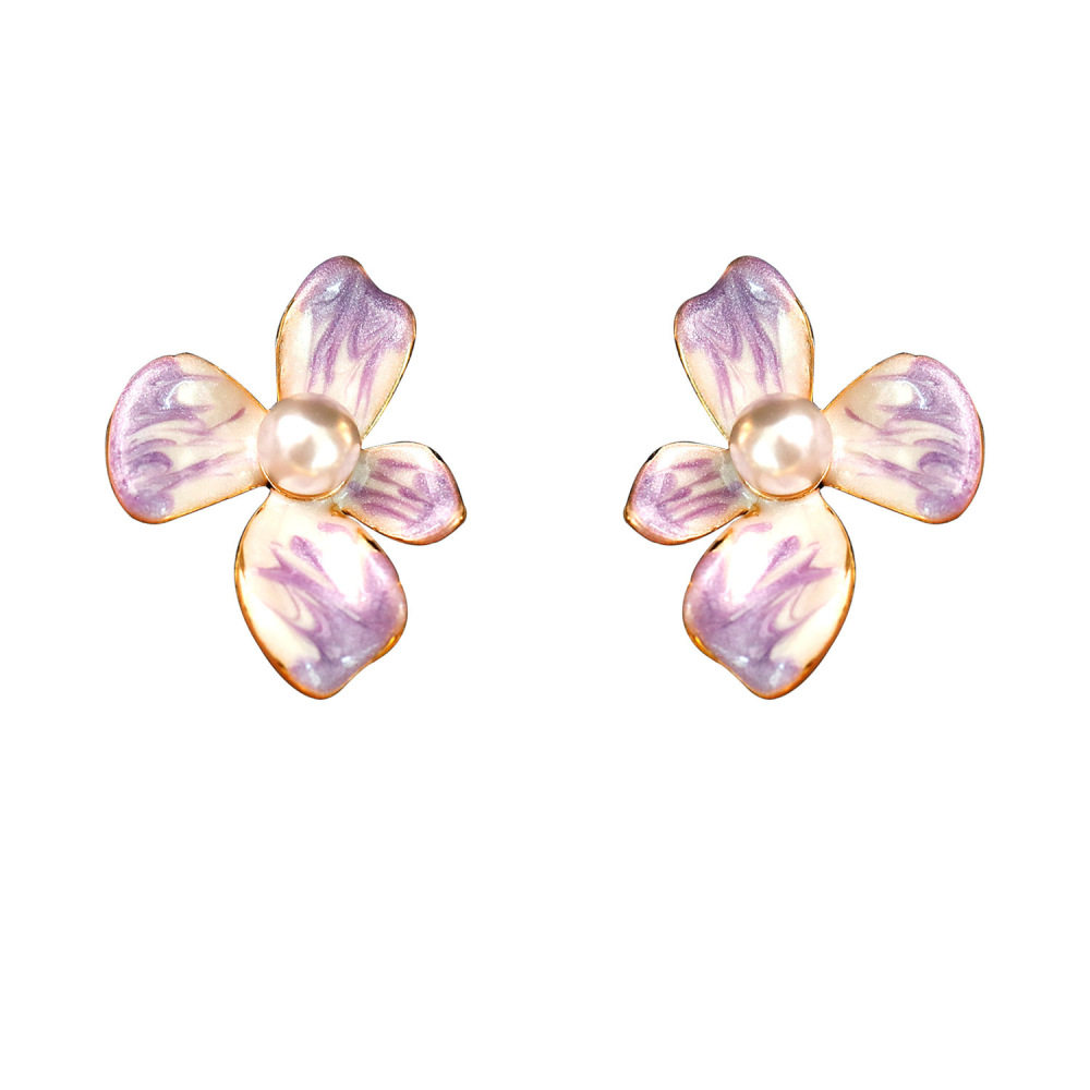 Retro Bohemian Pearl Earrings Painted Frame Enamel Color Floral Design Fashionable Luxury Artistic Women's Jewelry Accessories