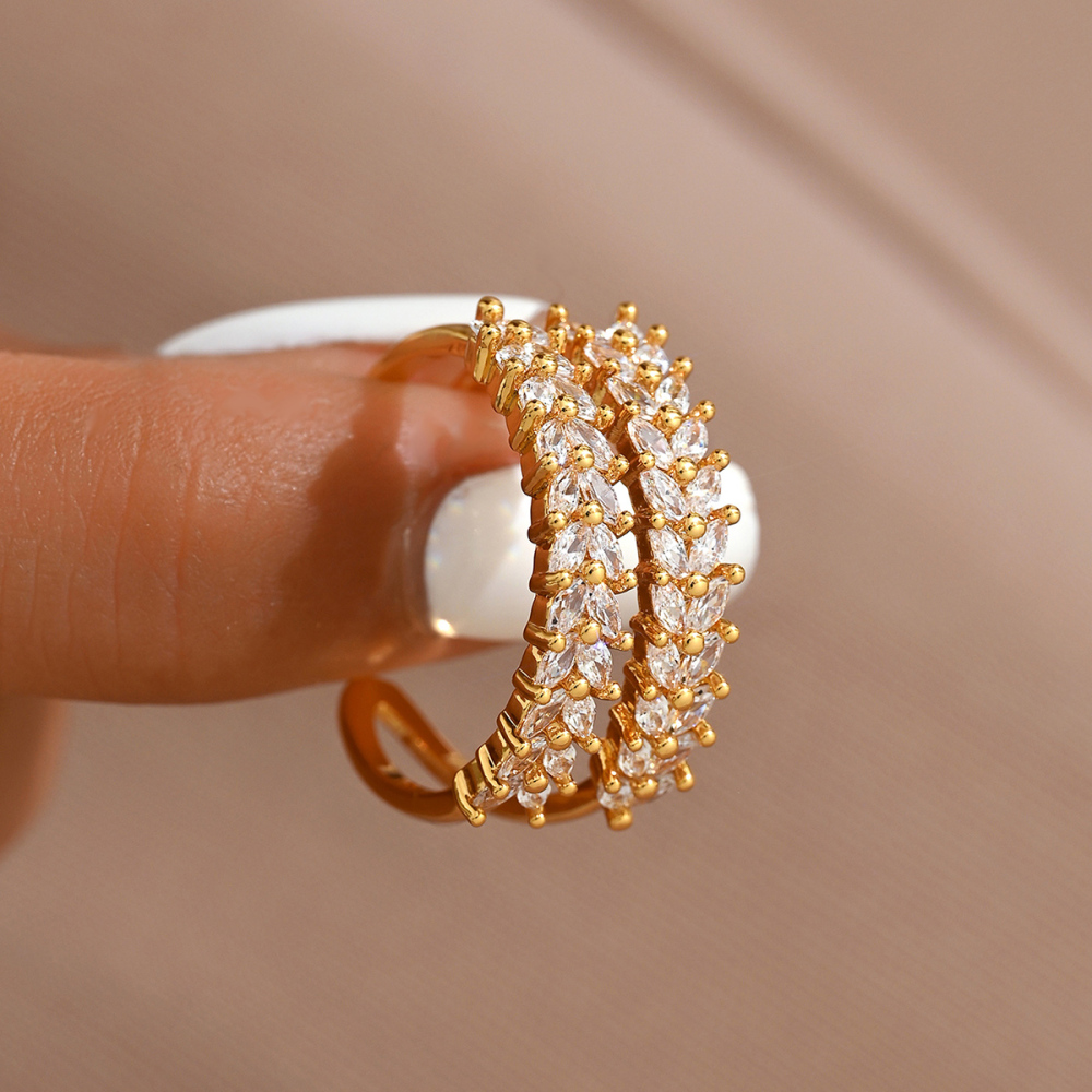 1 Piece Copper Inlaid Zircon Fashion Light Luxury High-end Niche Diamond-studded Wheat Spike Shape Open Ring Finger Banquet Party Jewelry Accessories