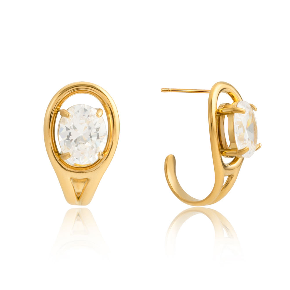 Women's Classic Style 18K Gold 304 Stainless Steel Geometric Color-Block Zircon C-Hoop Earrings