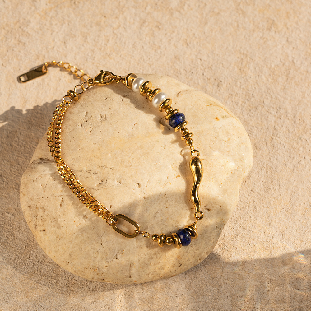 Electroplated (Including Color Retention Layer) Gold-Plated Geometric Pattern 304 Stainless Steel Pearl Bracelet Non-Fading European And American Style High-End Sensual Ins Style Jewelry Accessories