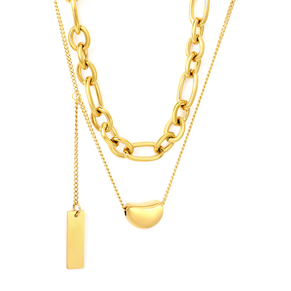Double Chain Necklace For Women Stainless Steel Bean Shape Versatile 18K Gold Plated Geometric Pattern Ins Style Jewelry Accessories
