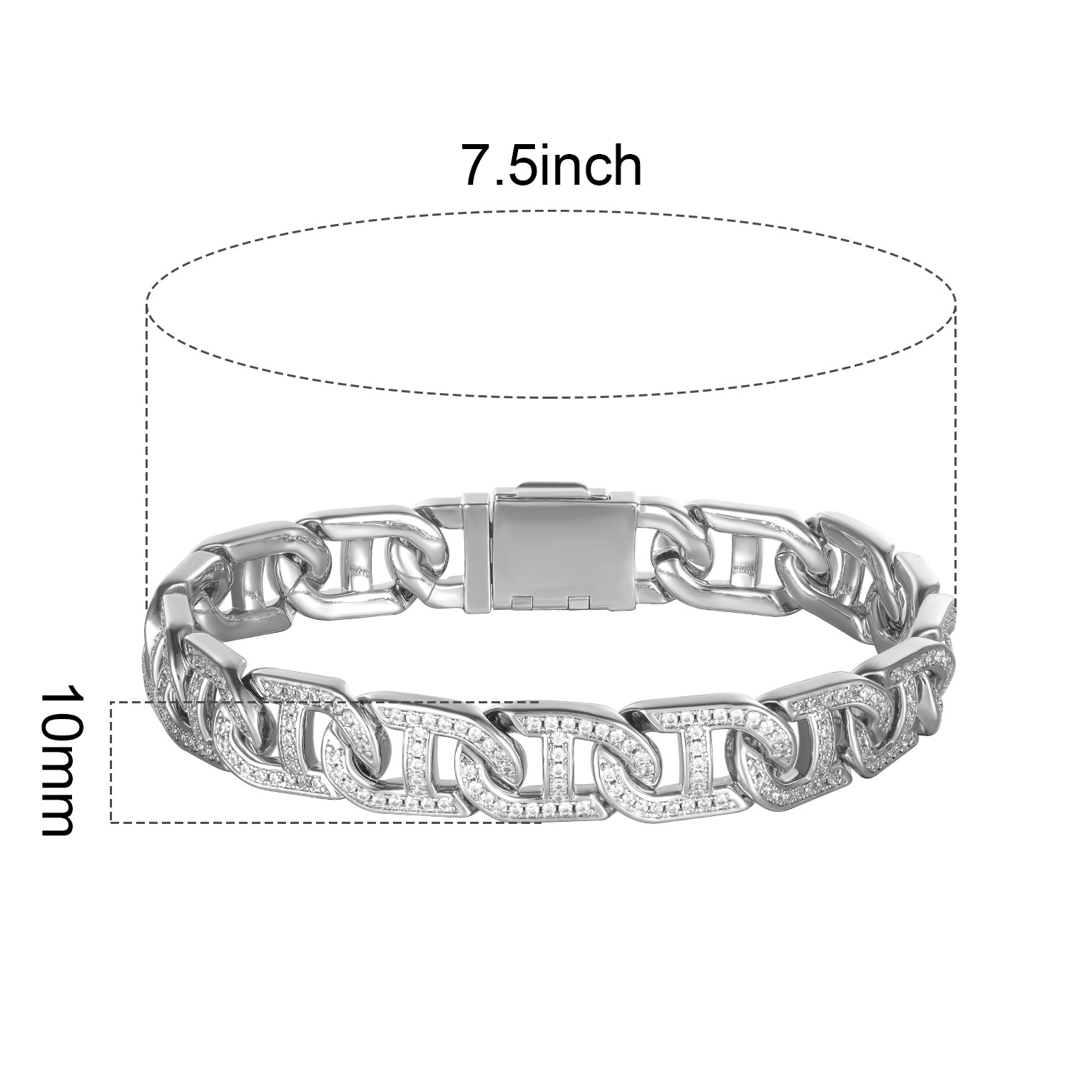 Copper Embedded Zirconia Cuban Bracelet Unisex Hip Hop Style Diamond Decorated Fashionable Couple Accessory 7.5 Inches 10mm