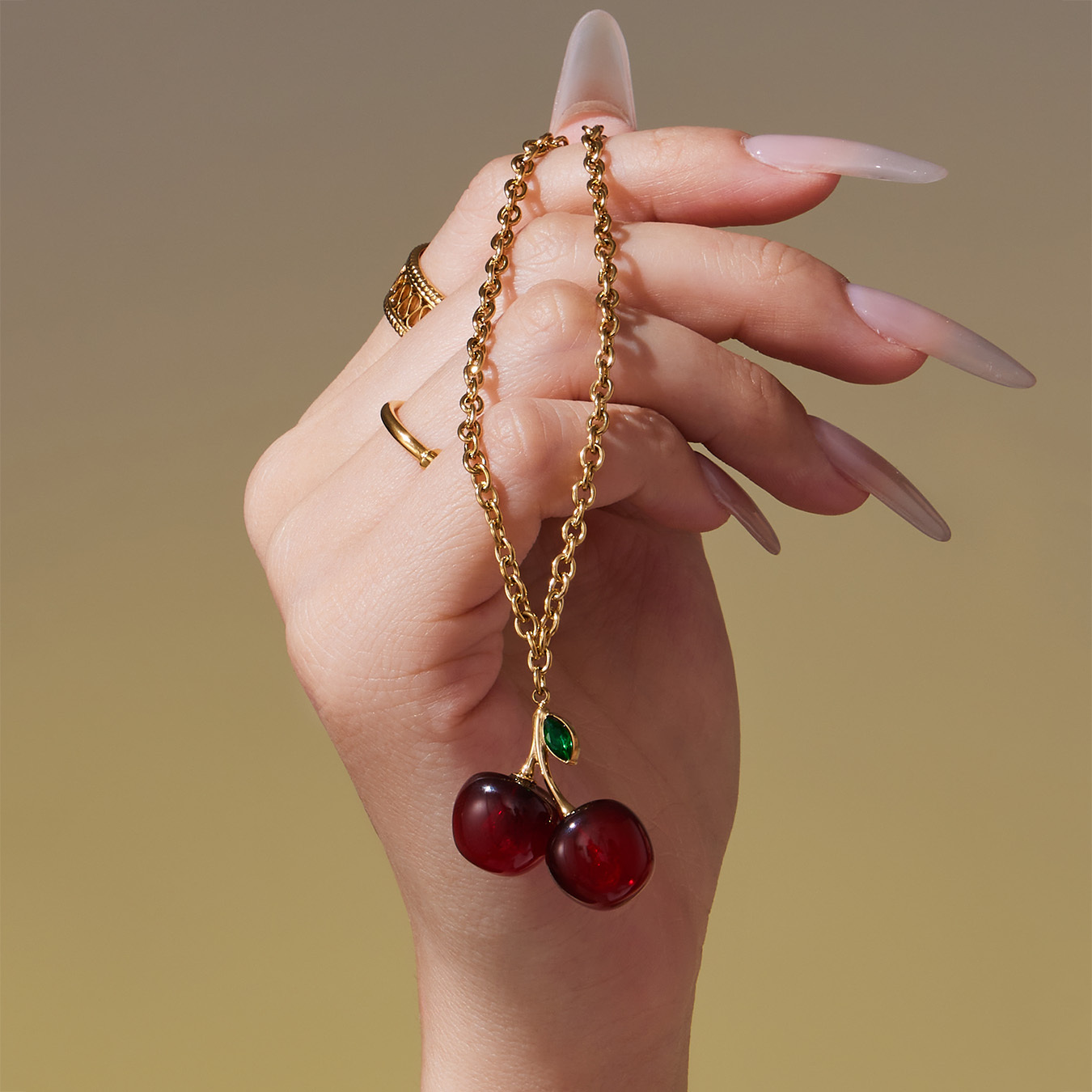 Stainless Steel Resin Cherry Pendant Necklace Earrings 18K Gold Plated European And American Fashion Versatile Fruit Jewelry Set