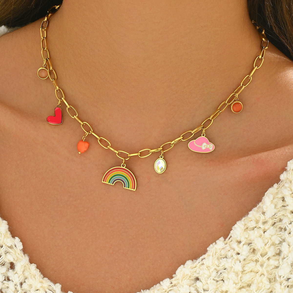 Wholesale Jewelry Casual Elegant Classic Style Rainbow Oval Heart Shape 201 Stainless Steel Zircon Multi Charms Necklace Paperclip Chain