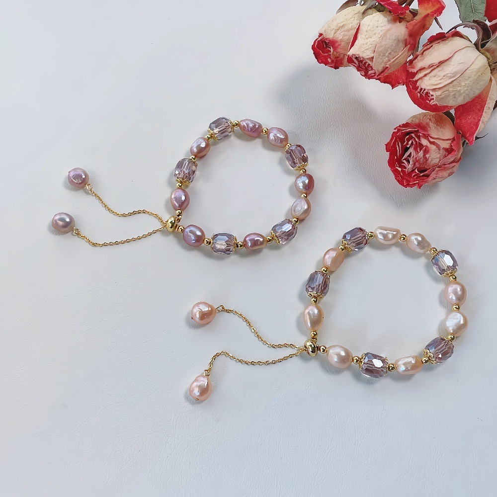 French Vintage Purple Quartz Pearl Bracelet Baroque Luxury Ins Niche Bracelet Best Friend Jewelry Pink And Purple Natural Pearl Accessories
