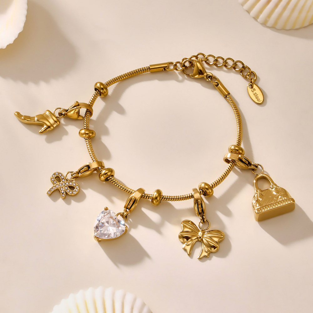 Full Drill 5A Zircon Heart Shaped Butterfly Knot High Heel Shoe Charms Stainless Steel 18K Gold Plated DIY Bracelet Accessories