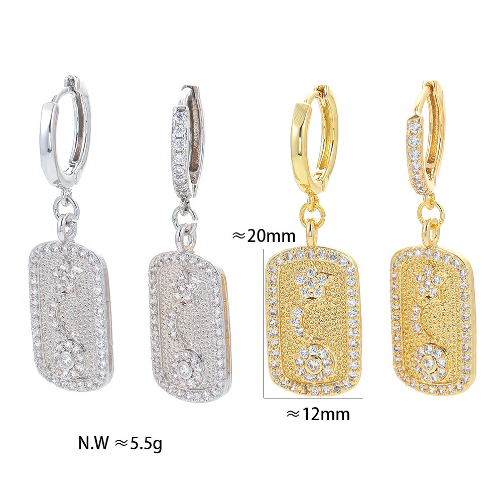 Retro Copper Gold Zircon Star Square Earrings