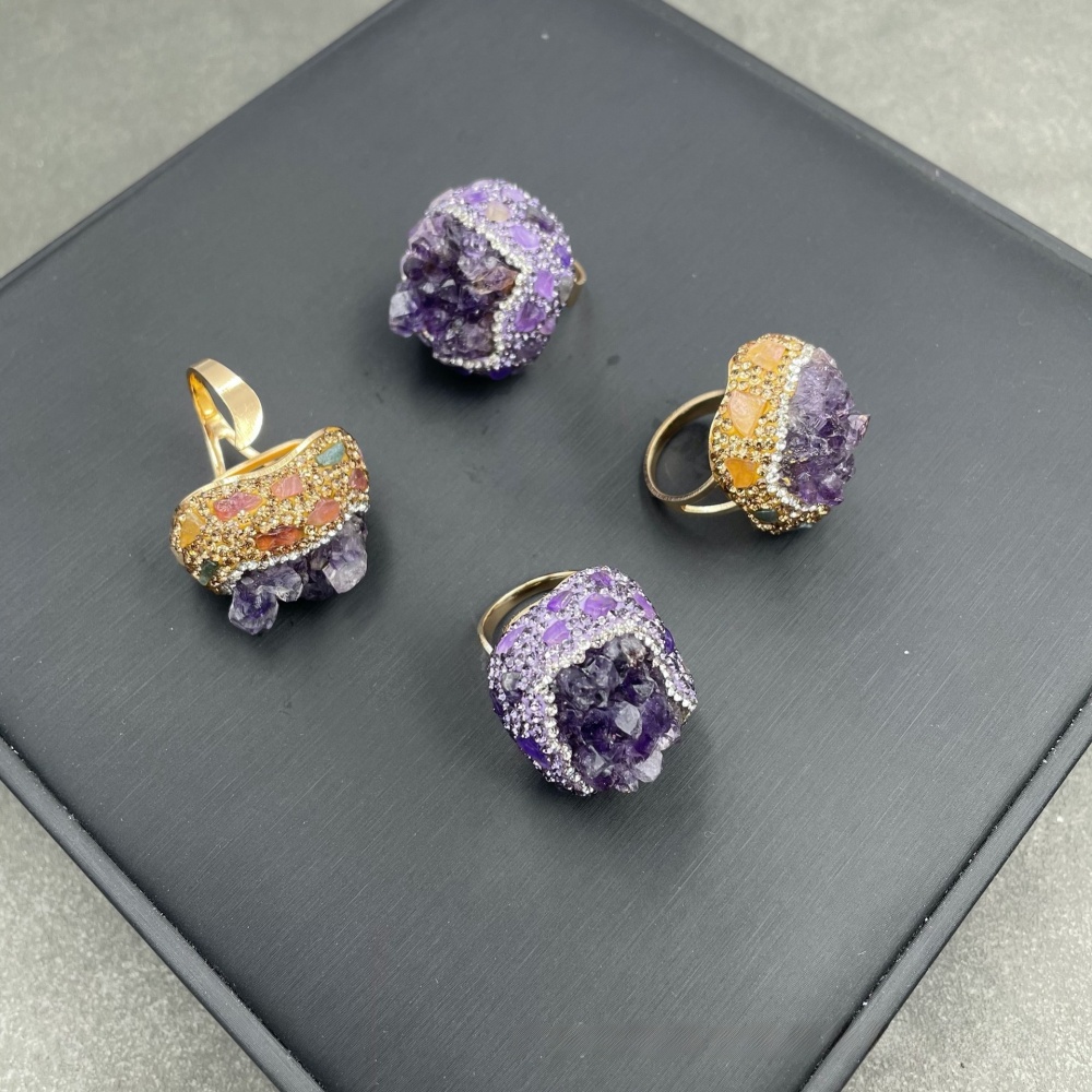 Natural Original Mine Crystal Tooth Gem Ring Uruguay Purple Quartz Finger Ring  Personality Accessories