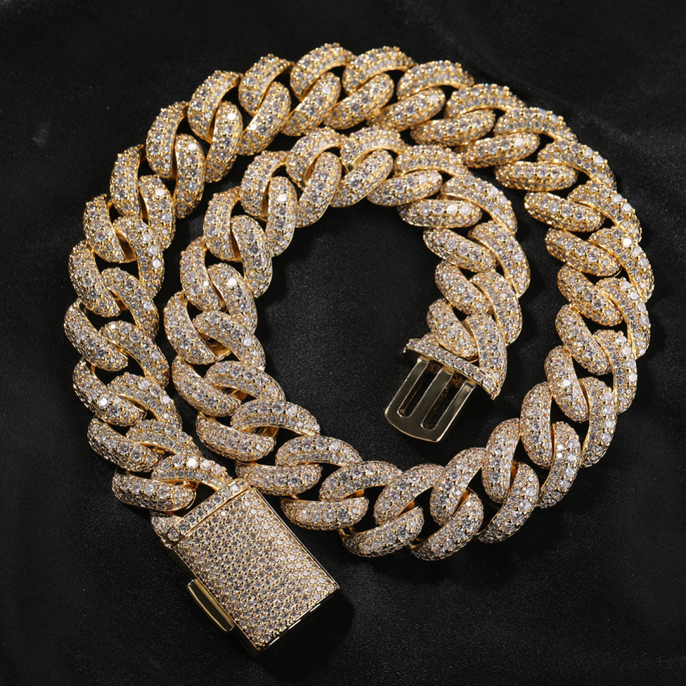 Men's Hip-Hop Bracelet High-End Texture Copper Inlaid Zirconia Gold-Plated Geometric Pattern Silver 18mm Cuban Chain Jewelry Box Clasp Personality