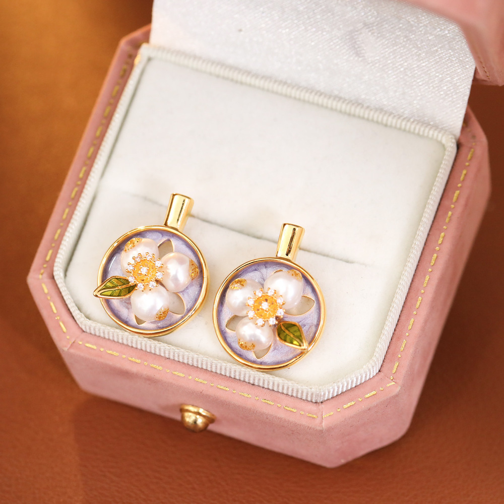 Monet Garden Series Enamel Drip Glaze Freshwater Pearl Earrings Baroque Painting Frame Court Vintage Jewelry Accessories